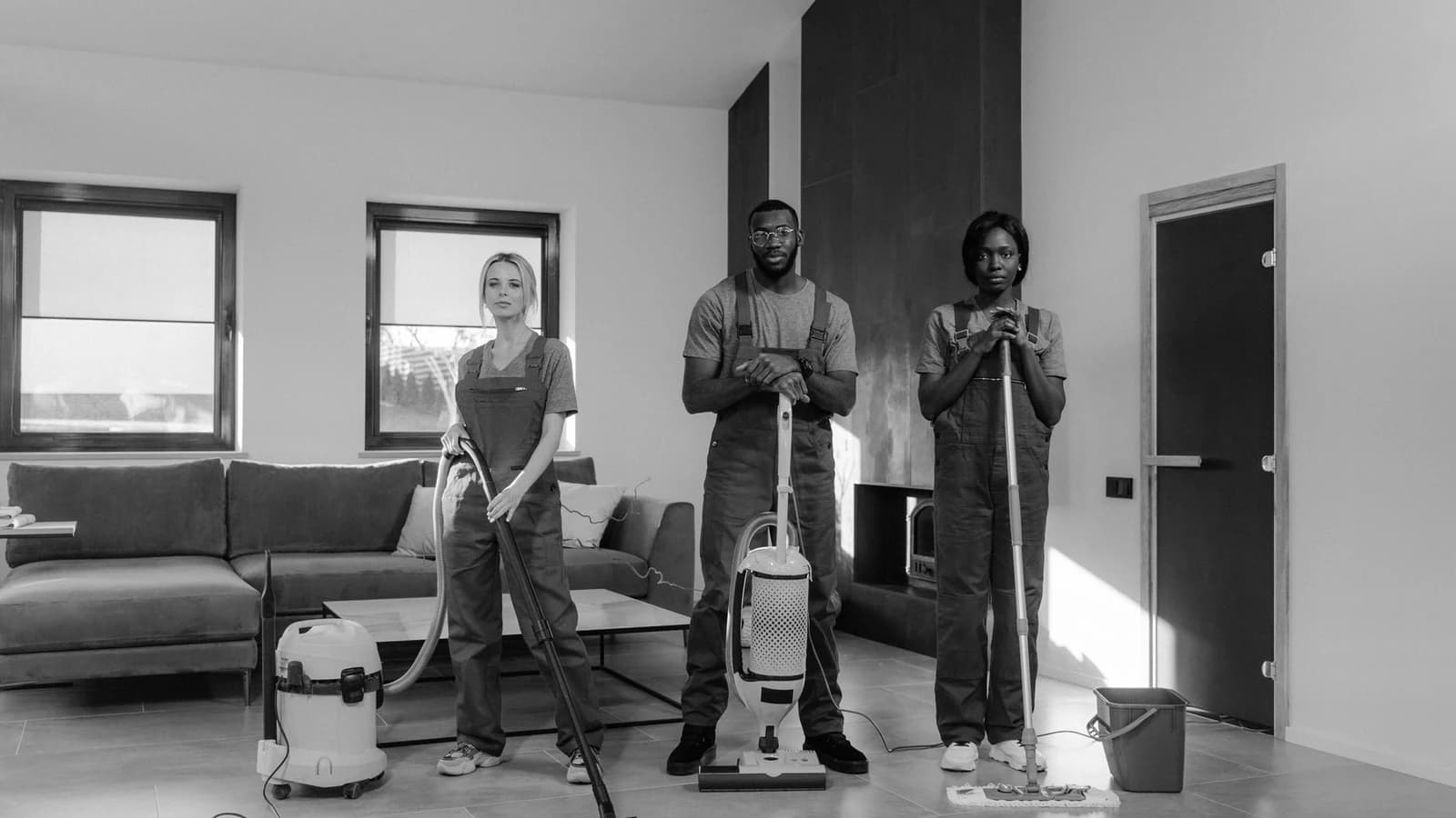 Three-person cleaning team standing with a vacuum cleaner in a residential interior