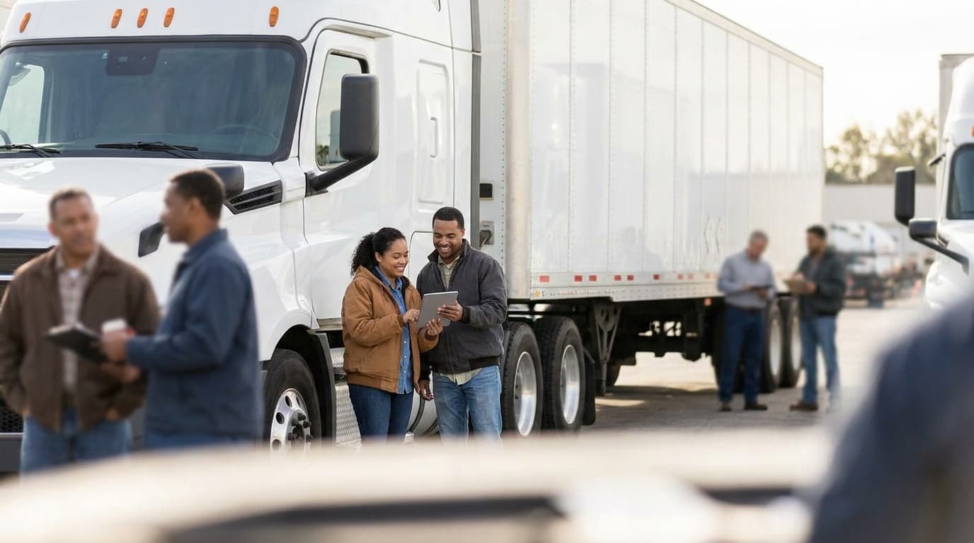 Owner-operator standing beside a commercial truck