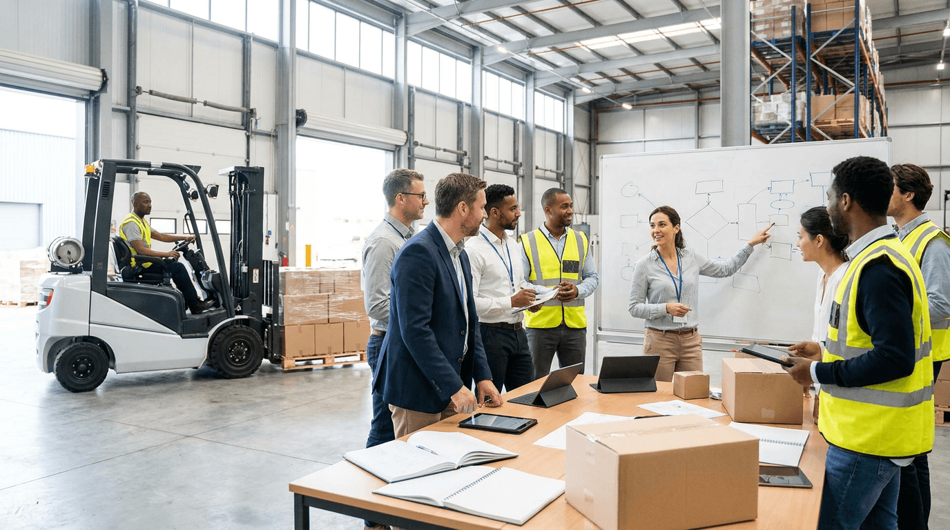 Wholesale distribution operator reviewing inventory in a warehouse