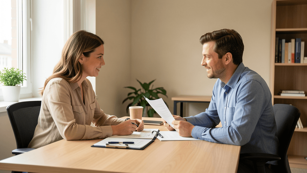 Small business owner reviewing loan documents with an advisor at a desk